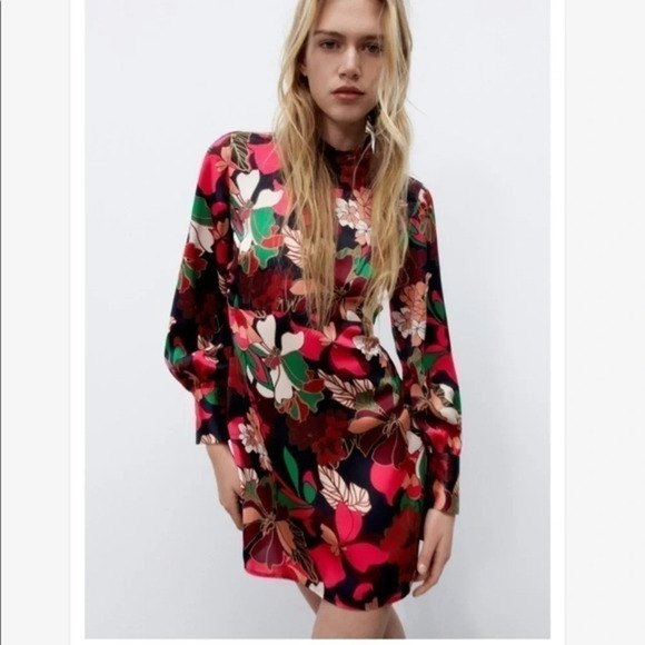 New Zara Floral Print Satin Effect Dress - Picture 3 of 16